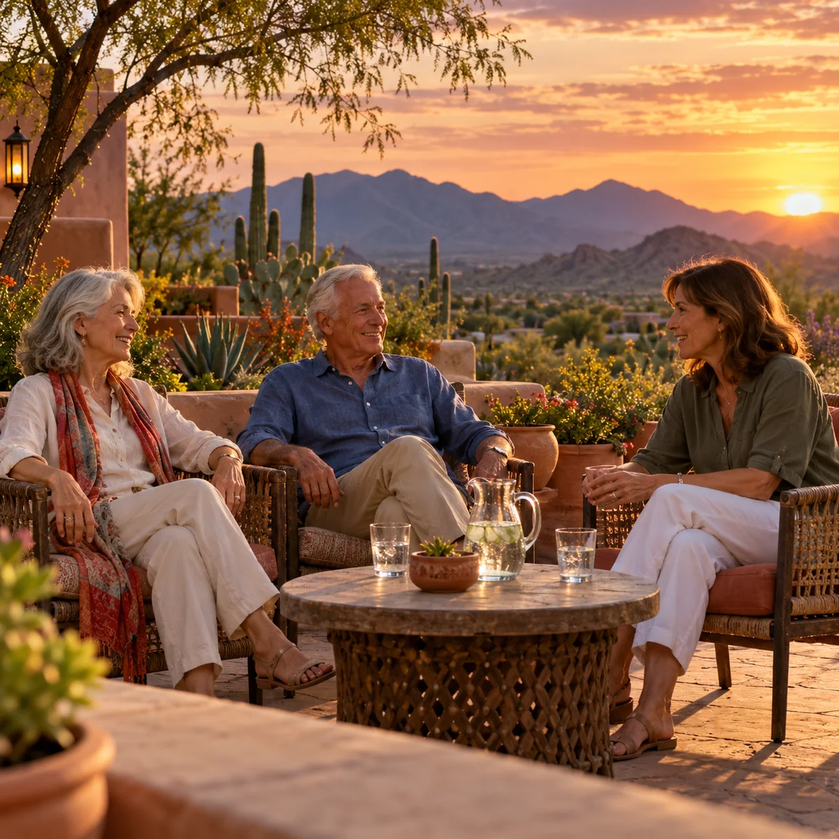 AI-generated concept of three fictional friends talking on a Southwestern terrace