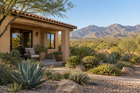 AI-generated concept: fictional Southwestern patio and desert garden, not an actual Canoa Ranch property