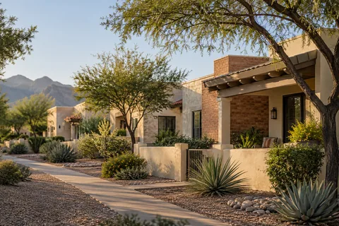 AI-generated concept: fictional single-story Southwestern homes, not actual Desert Hills properties