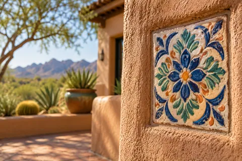 AI-generated concept: Original decorative ceramic tile on a fictional Southwestern courtyard wall. Not an actual local property; people are not Tom or clients.