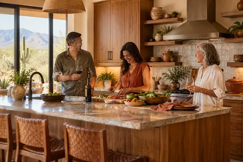 AI-generated concept: Fictional people preparing food in a Southwestern kitchen. Not an actual local property; people are not Tom or clients.