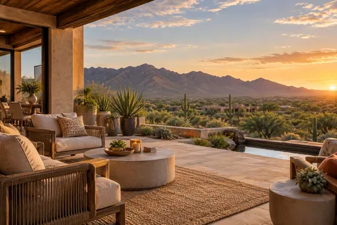 AI-generated concept: Thoughtfully arranged chairs on a fictional Southwestern patio. Not an actual local property; people are not Tom or clients.