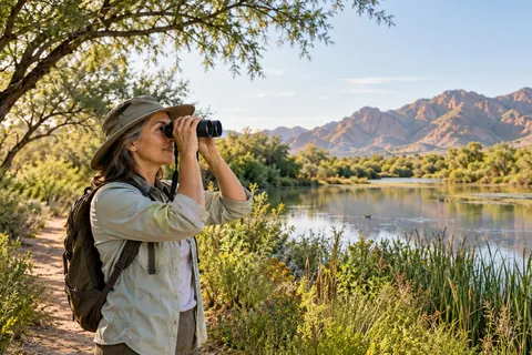 AI-generated concept: Anonymous birdwatcher using binoculars beside a wooded lake. Fictional scene, not a verified location or property; people are not Tom or clients.