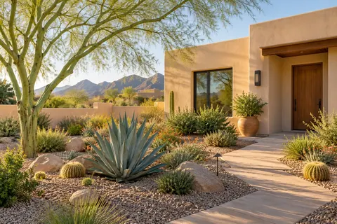 AI-generated concept: Low-maintenance desert garden with agaves and gravel beside warm stucco. Fictional scene, not a verified location or property; people are not Tom or clients.