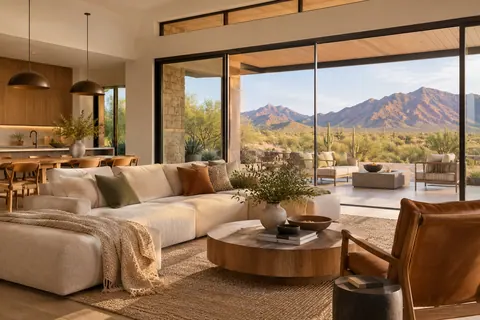 AI-generated concept: Contemporary Southwestern living room with warm furnishings and large windows. Fictional scene, not a verified location or property; people are not Tom or clients.