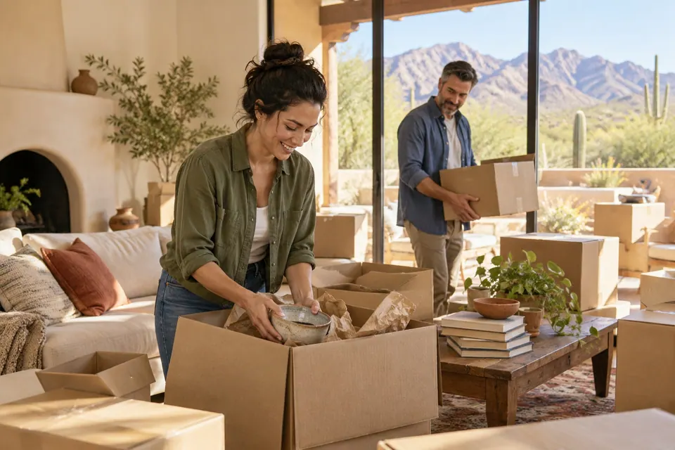 AI-generated concept: Fictional household packing moving boxes in a bright Southwestern living room. Fictional scene, not a verified location or property; people are not Tom or clients.