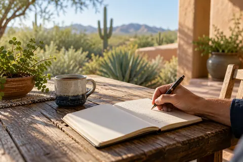 AI-generated concept: Anonymous hand writing observations in an unbranded notebook on a Southwestern patio. Fictional scene, not a verified location or property; people are not Tom or clients.