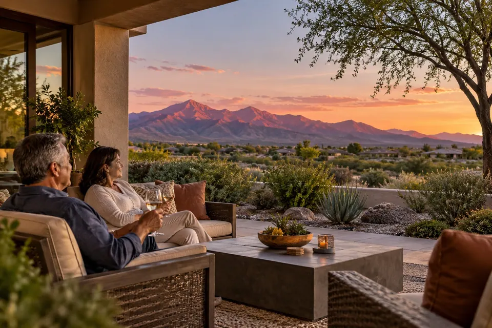 AI-generated concept: Shaded Southwestern patio looking toward distant mountains at sunset. Fictional scene, not a verified location or property; people are not Tom or clients.