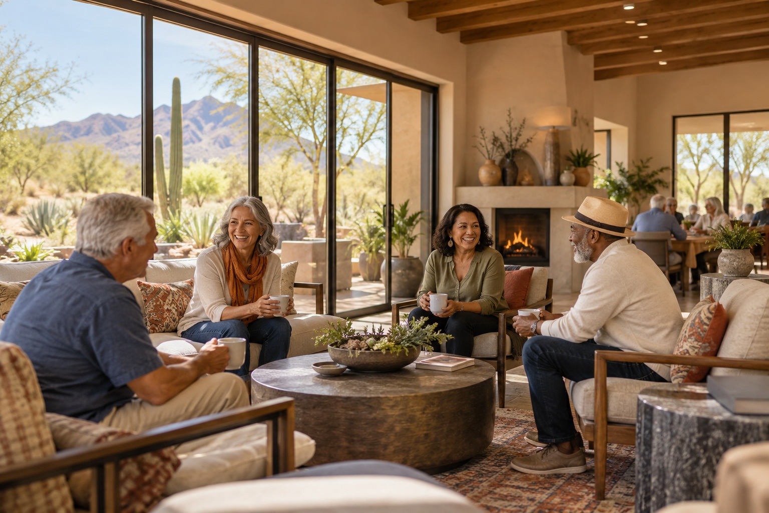 AI-generated concept: friends enjoying coffee in a Southwestern room; fictional people, not reviewers or clients